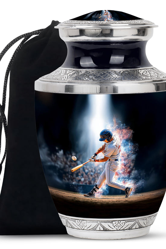 Deep Black Baseball Cremation Urn side profile showing urn shape - contemporary baseball design with modern artistic flair - full-size 10 inch 200 cubic inch adult cremation urn