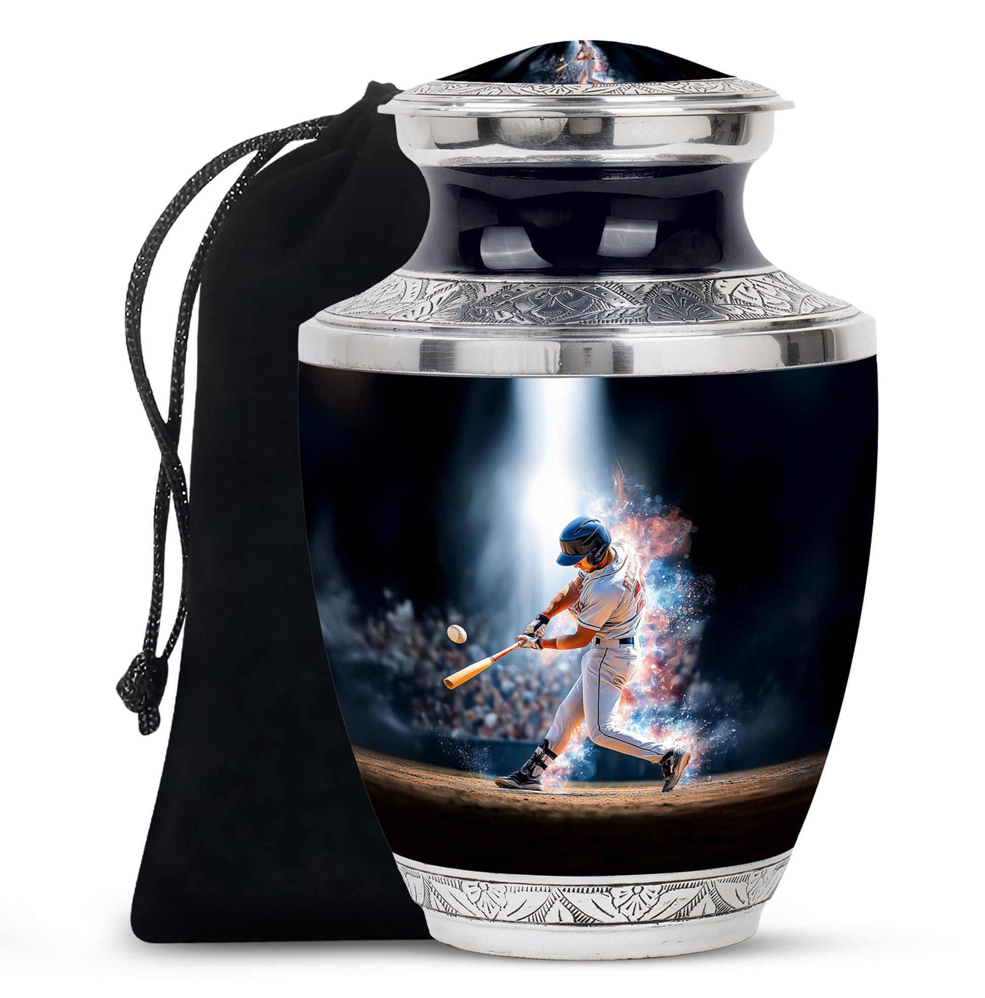 Deep Black Baseball Cremation Urn side profile showing urn shape - contemporary baseball design with modern artistic flair - full-size 10 inch 200 cubic inch adult cremation urn