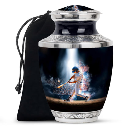 Deep Black Baseball Cremation Urn side profile showing urn shape - contemporary baseball design with modern artistic flair - full-size 10 inch 200 cubic inch adult cremation urn