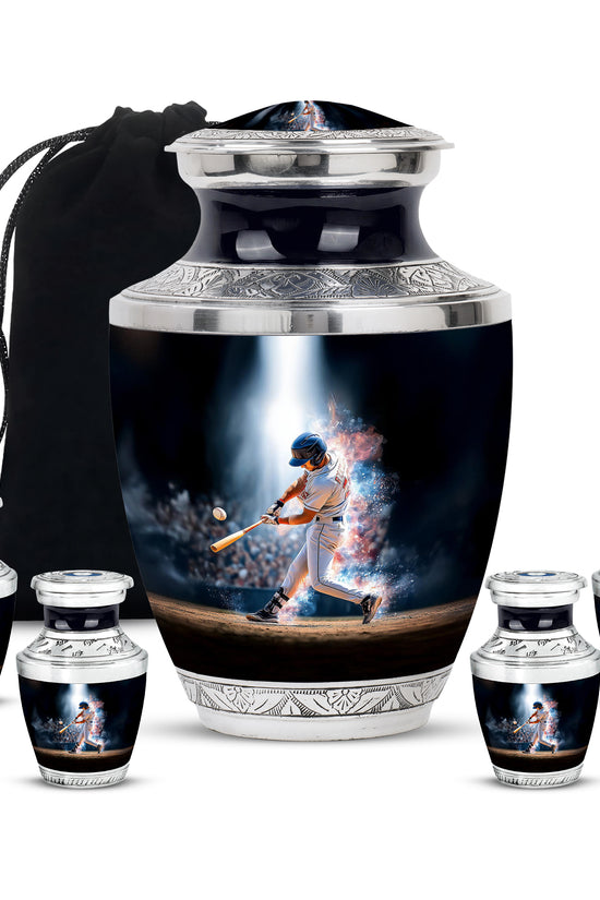 Rich Black Baseball Cremation Urn lifestyle display on memorial shelf - modern art-inspired baseball motif on sleek aluminum - memorial set with one large and four small urns