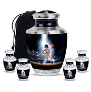 Rich Black Baseball Cremation Urn lifestyle display on memorial shelf - modern art-inspired baseball motif on sleek aluminum - memorial set with one large and four small urns