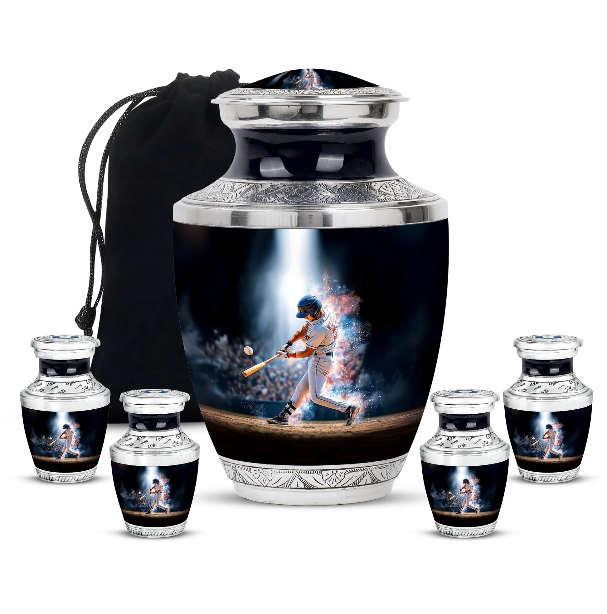 Rich Black Baseball Cremation Urn lifestyle display on memorial shelf - modern art-inspired baseball motif on sleek aluminum - memorial set with one large and four small urns