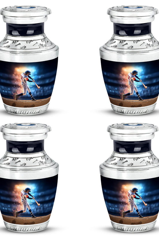 Bright Blue Baseball Cremation Urn back view with polished surface - stylized abstract baseball pattern with bold lines - 10 inch aluminum urn for cremated remains