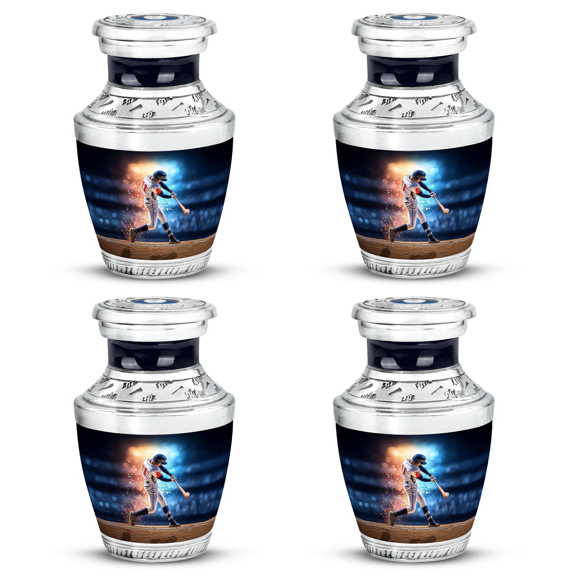 Bright Blue Baseball Cremation Urn back view with polished surface - stylized abstract baseball pattern with bold lines - 10 inch aluminum urn for cremated remains