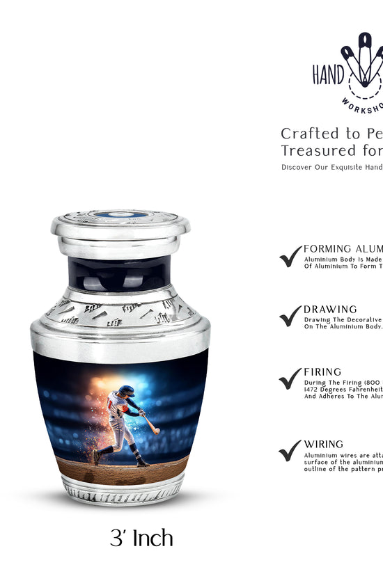 Sky Blue Baseball Cremation Urn top-down view of secure threaded lid - contemporary baseball design with modern artistic flair - mini keepsake memorial for portion of cremation ashes