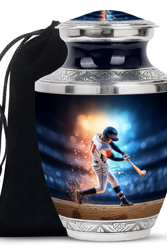 Icy Blue Baseball Cremation Urn side profile showing urn shape - modern art-inspired baseball motif on sleek aluminum - full-size 10 inch 200 cubic inch adult cremation urn