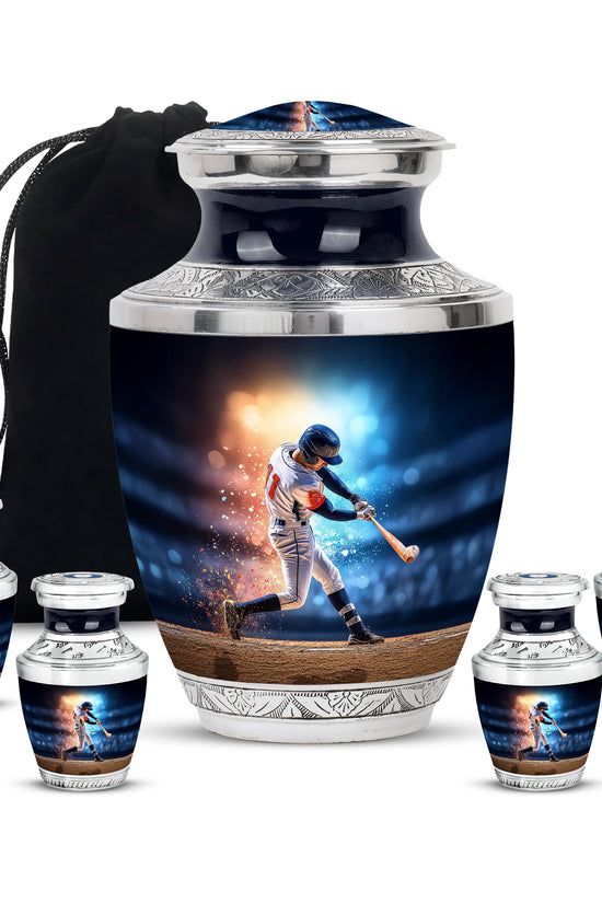 Serene Blue Baseball Cremation Urn lifestyle display on memorial shelf - artistic baseball interpretation with creative detail - memorial set with one large and four small urns