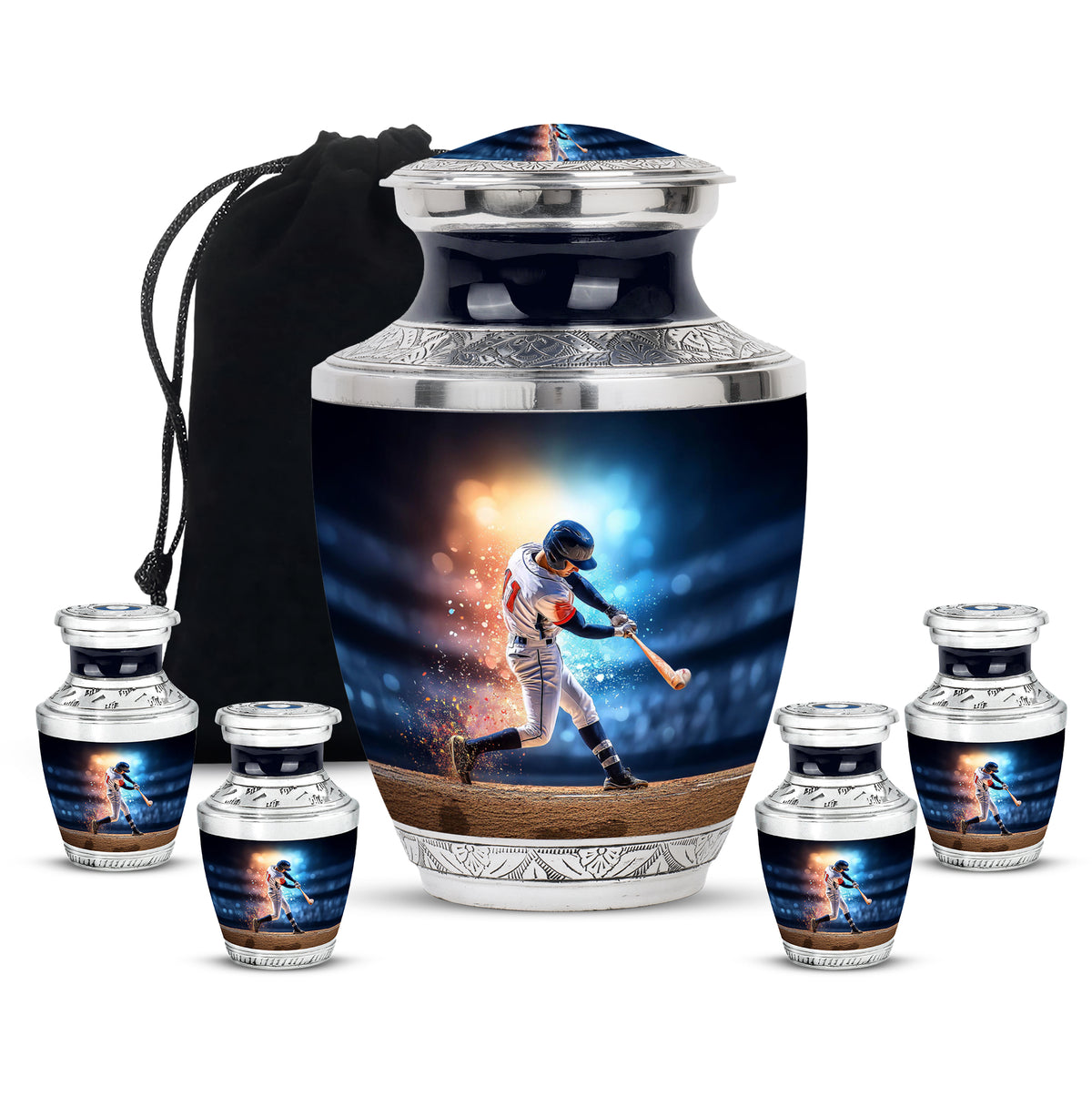 Serene Blue Baseball Cremation Urn lifestyle display on memorial shelf - artistic baseball interpretation with creative detail - memorial set with one large and four small urns
