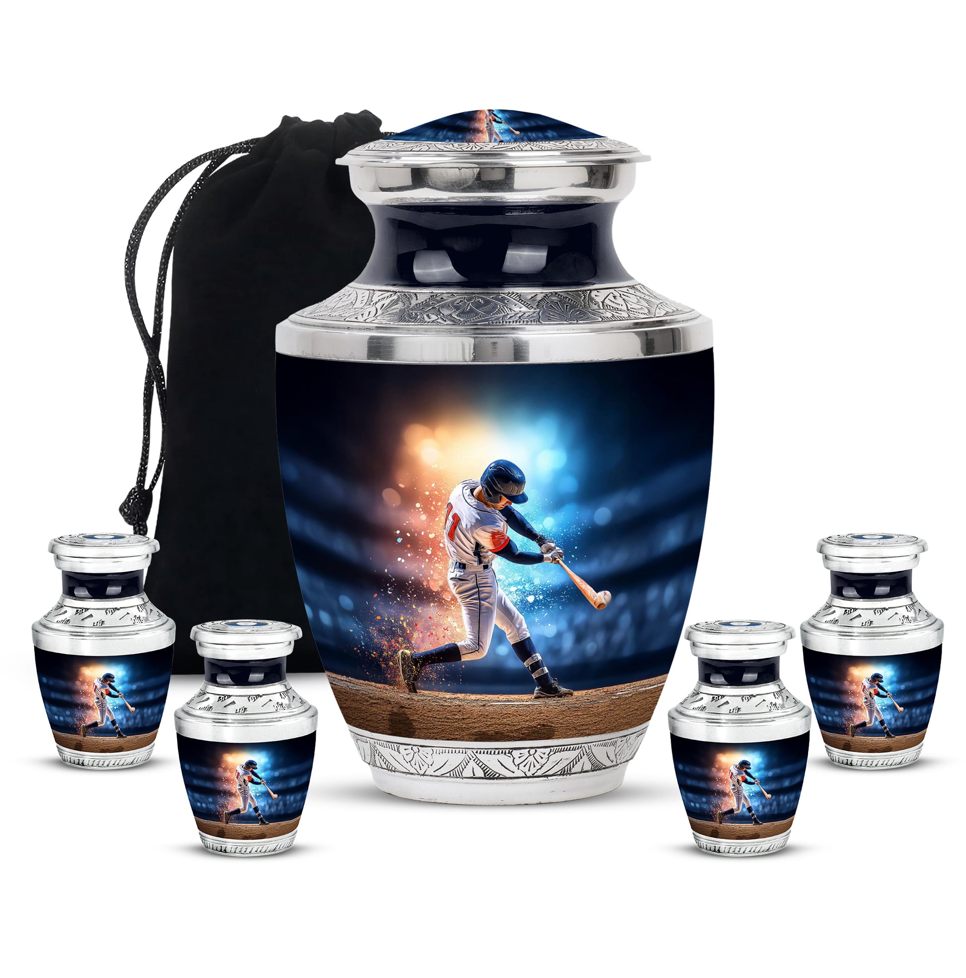 Serene Blue Baseball Cremation Urn lifestyle display on memorial shelf - artistic baseball interpretation with creative detail - memorial set with one large and four small urns