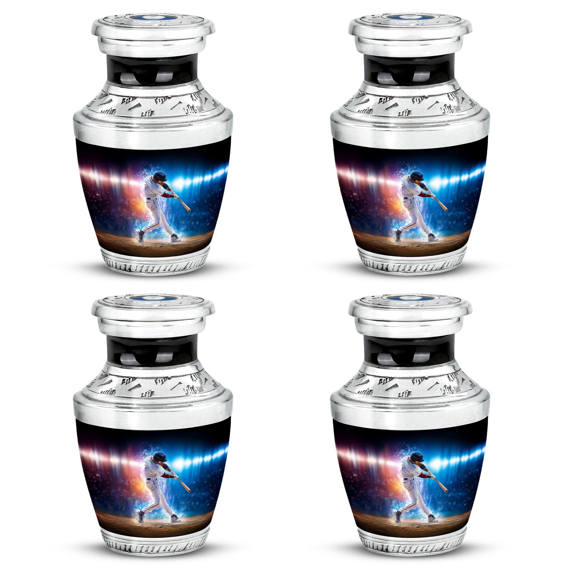 Jet Black Baseball Cremation Urn back view with polished surface - contemporary baseball design with modern artistic flair - 10 inch aluminum urn for cremated remains