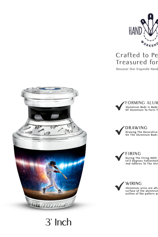 Rich Black Baseball Cremation Urn top-down view of secure threaded lid - modern art-inspired baseball motif on sleek aluminum - mini keepsake memorial for portion of cremation ashes