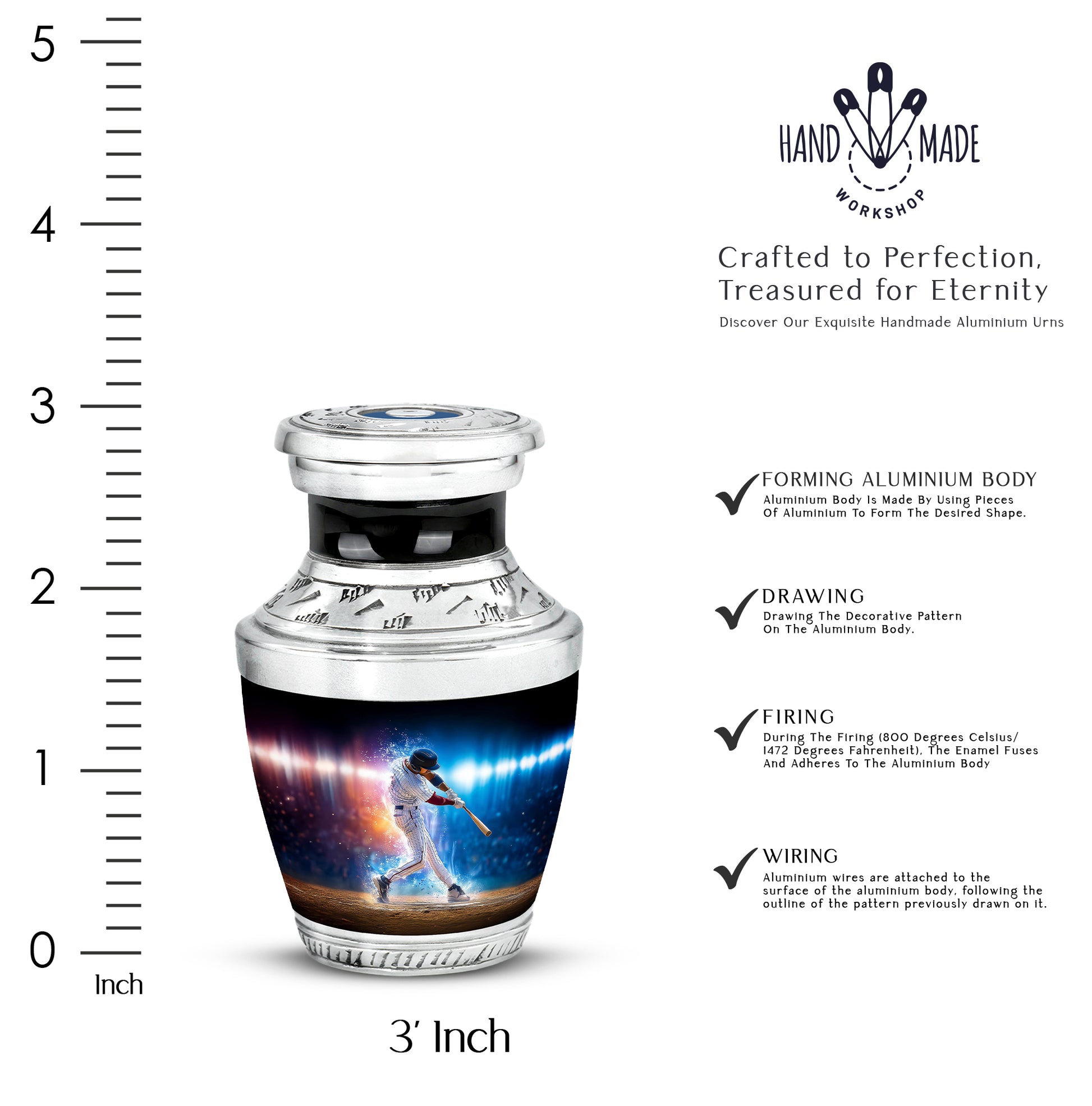 Rich Black Baseball Cremation Urn top-down view of secure threaded lid - modern art-inspired baseball motif on sleek aluminum - mini keepsake memorial for portion of cremation ashes