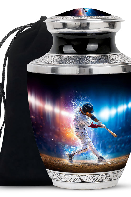Dark Black Baseball Cremation Urn side profile showing urn shape - artistic baseball interpretation with creative detail - full-size 10 inch 200 cubic inch adult cremation urn