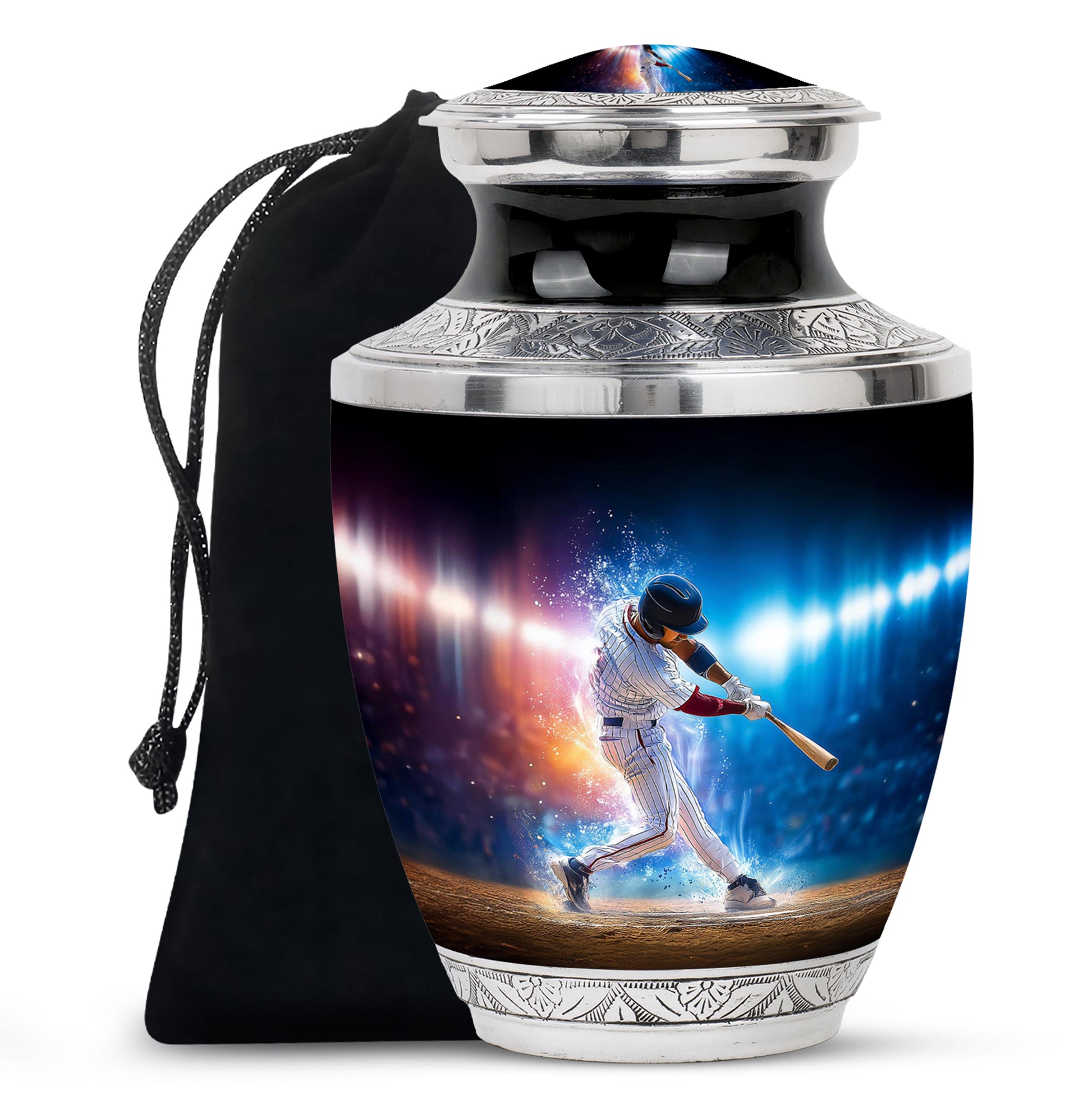 Dark Black Baseball Cremation Urn side profile showing urn shape - artistic baseball interpretation with creative detail - full-size 10 inch 200 cubic inch adult cremation urn