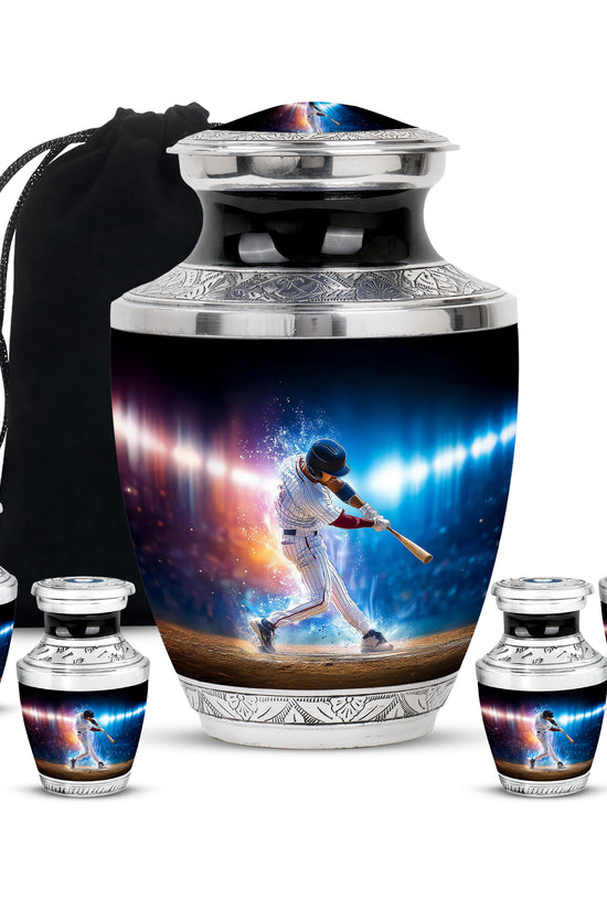 Jet Black Baseball Cremation Urn lifestyle display on memorial shelf - modern art-inspired baseball motif on sleek aluminum - memorial set with one large and four small urns