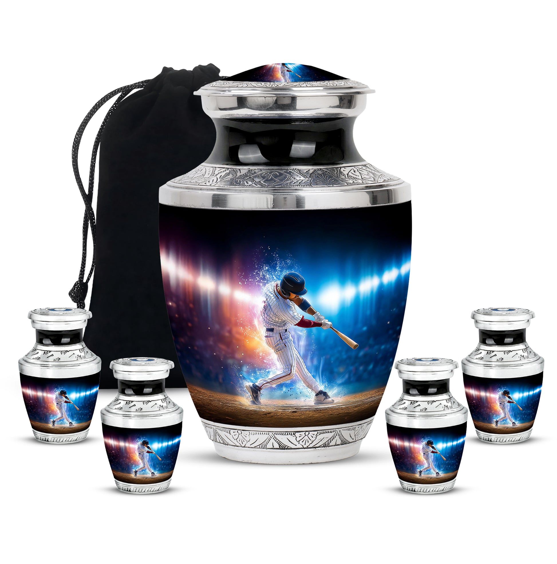 Jet Black Baseball Cremation Urn lifestyle display on memorial shelf - modern art-inspired baseball motif on sleek aluminum - memorial set with one large and four small urns