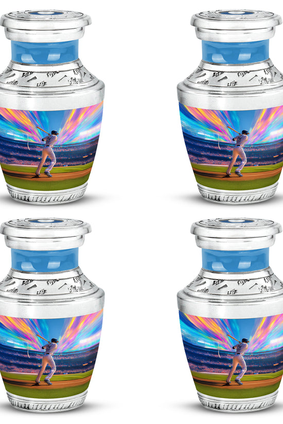 Azure Baseball Cremation Urn back view with polished surface - modern art-inspired baseball motif on sleek aluminum - 10 inch aluminum urn for cremated remains