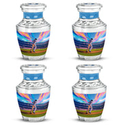 Azure Baseball Cremation Urn back view with polished surface - modern art-inspired baseball motif on sleek aluminum - 10 inch aluminum urn for cremated remains