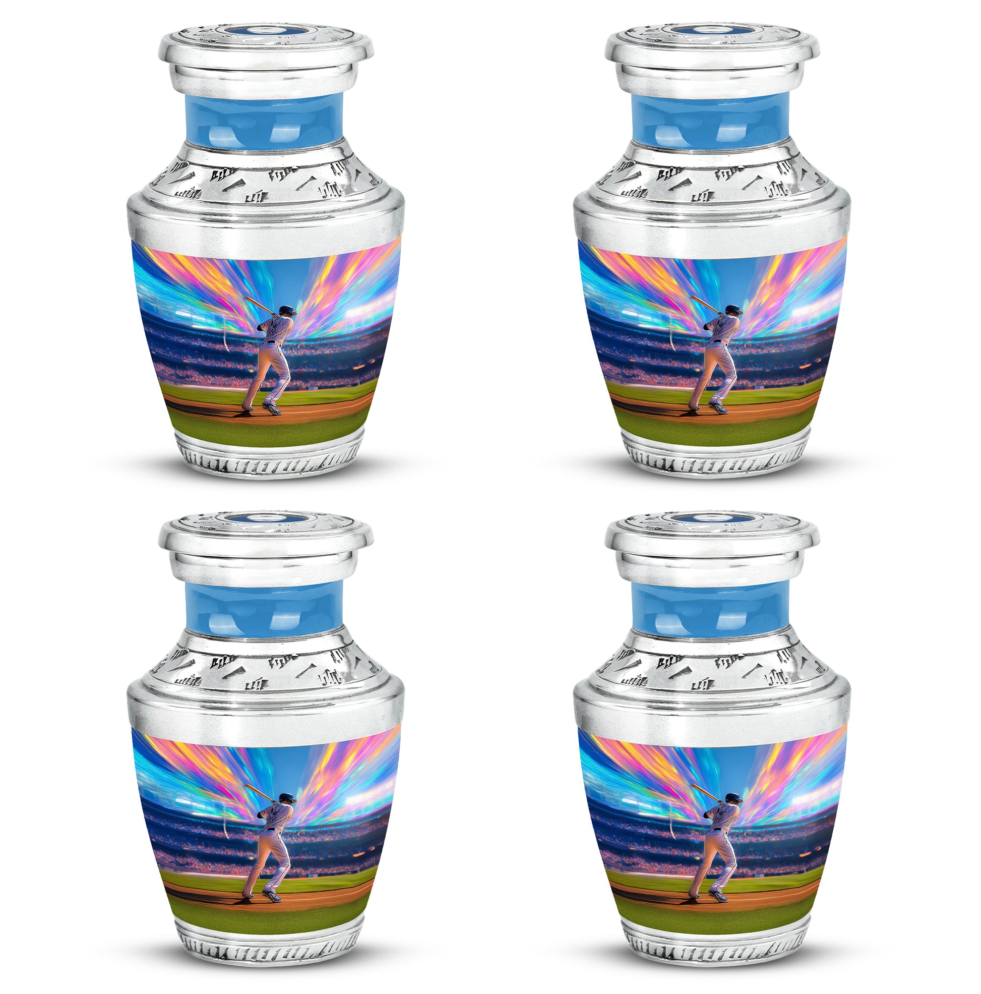Azure Baseball Cremation Urn back view with polished surface - modern art-inspired baseball motif on sleek aluminum - 10 inch aluminum urn for cremated remains