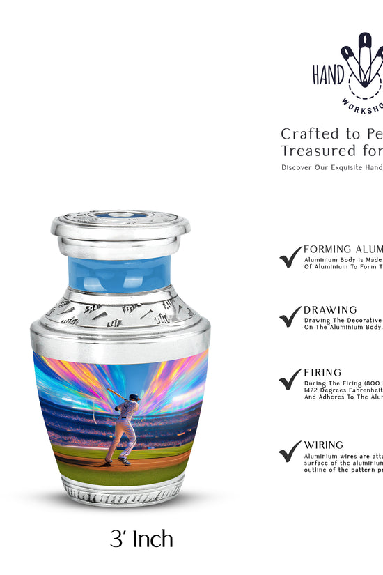 Steel Blue Baseball Cremation Urn top-down view of secure threaded lid - artistic baseball interpretation with creative detail - mini keepsake memorial for portion of cremation ashes