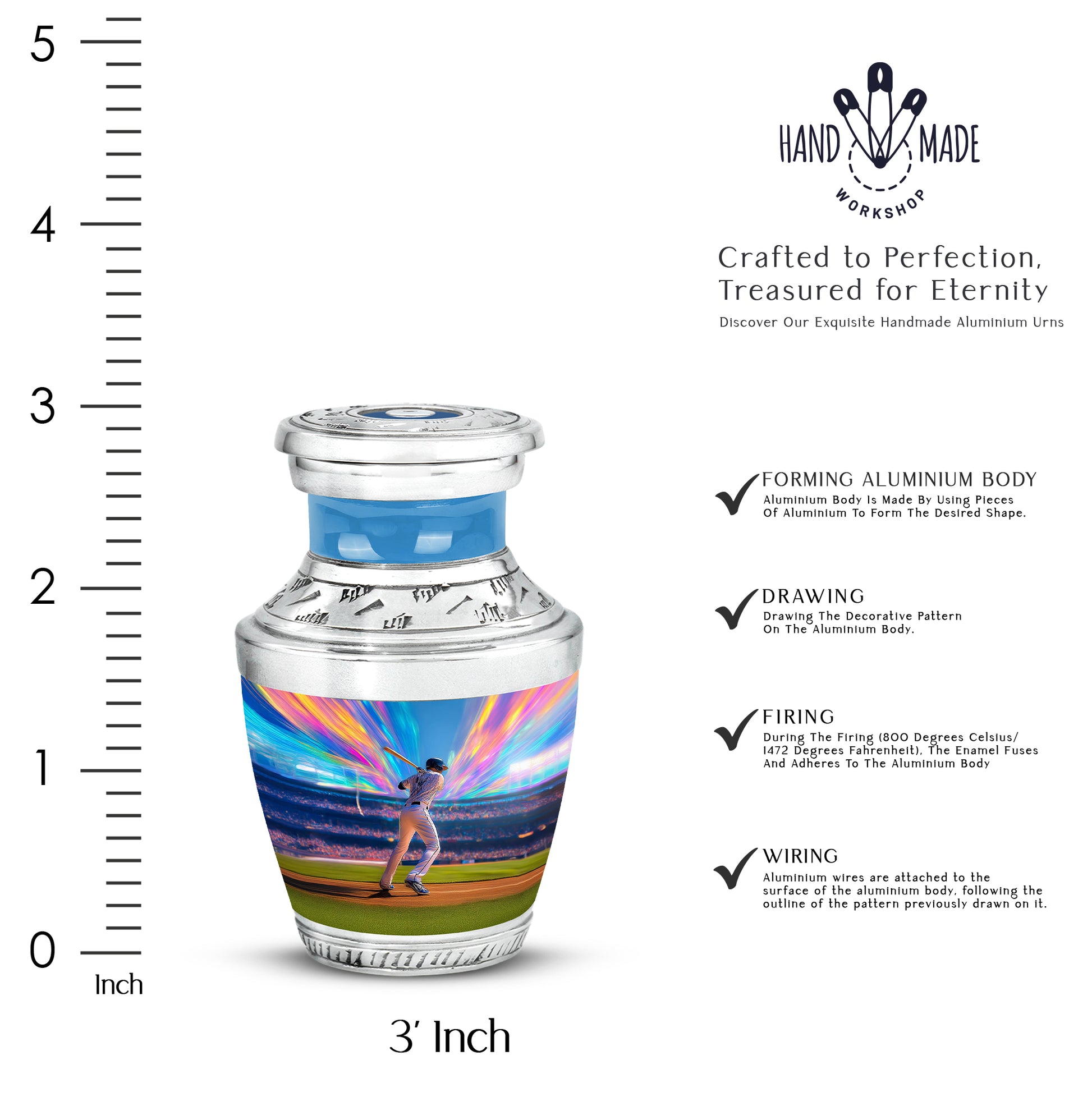 Steel Blue Baseball Cremation Urn top-down view of secure threaded lid - artistic baseball interpretation with creative detail - mini keepsake memorial for portion of cremation ashes