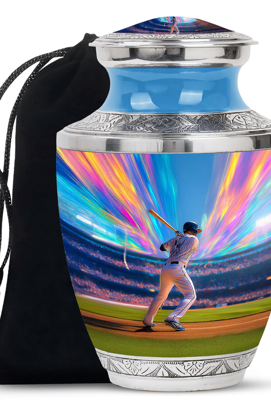 Misty Blue Baseball Cremation Urn side profile showing urn shape - modern art-inspired baseball motif on sleek aluminum - full-size 10 inch 200 cubic inch adult cremation urn