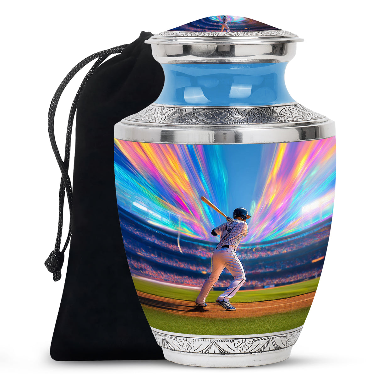 Misty Blue Baseball Cremation Urn side profile showing urn shape - modern art-inspired baseball motif on sleek aluminum - full-size 10 inch 200 cubic inch adult cremation urn