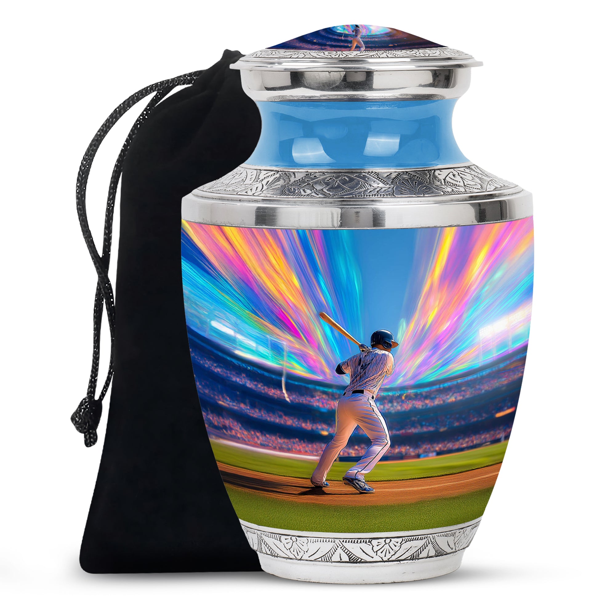 Misty Blue Baseball Cremation Urn side profile showing urn shape - modern art-inspired baseball motif on sleek aluminum - full-size 10 inch 200 cubic inch adult cremation urn