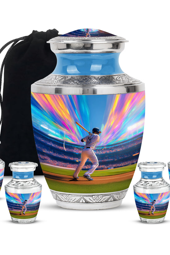 Powder Blue Baseball Cremation Urn lifestyle display on memorial shelf - modern art-inspired baseball motif on sleek aluminum - memorial set with one large and four small urns