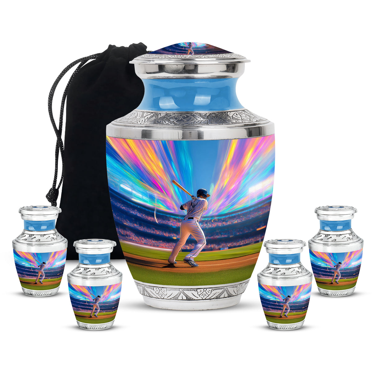 Powder Blue Baseball Cremation Urn lifestyle display on memorial shelf - modern art-inspired baseball motif on sleek aluminum - memorial set with one large and four small urns