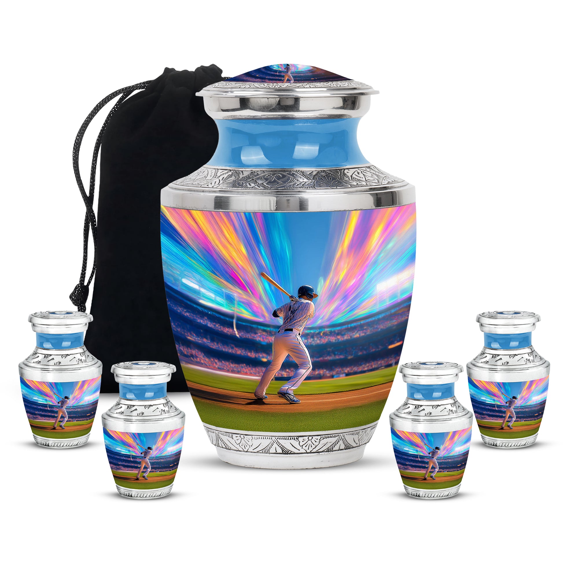 Powder Blue Baseball Cremation Urn lifestyle display on memorial shelf - modern art-inspired baseball motif on sleek aluminum - memorial set with one large and four small urns