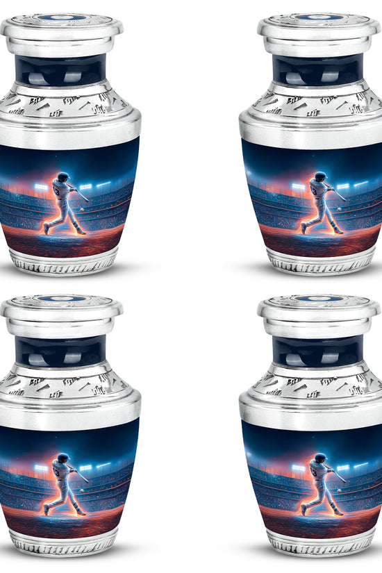 Powder Blue Baseball Cremation Urn back view with polished surface - modern art-inspired baseball motif on sleek aluminum - 10 inch aluminum urn for cremated remains