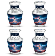 Powder Blue Baseball Cremation Urn back view with polished surface - modern art-inspired baseball motif on sleek aluminum - 10 inch aluminum urn for cremated remains