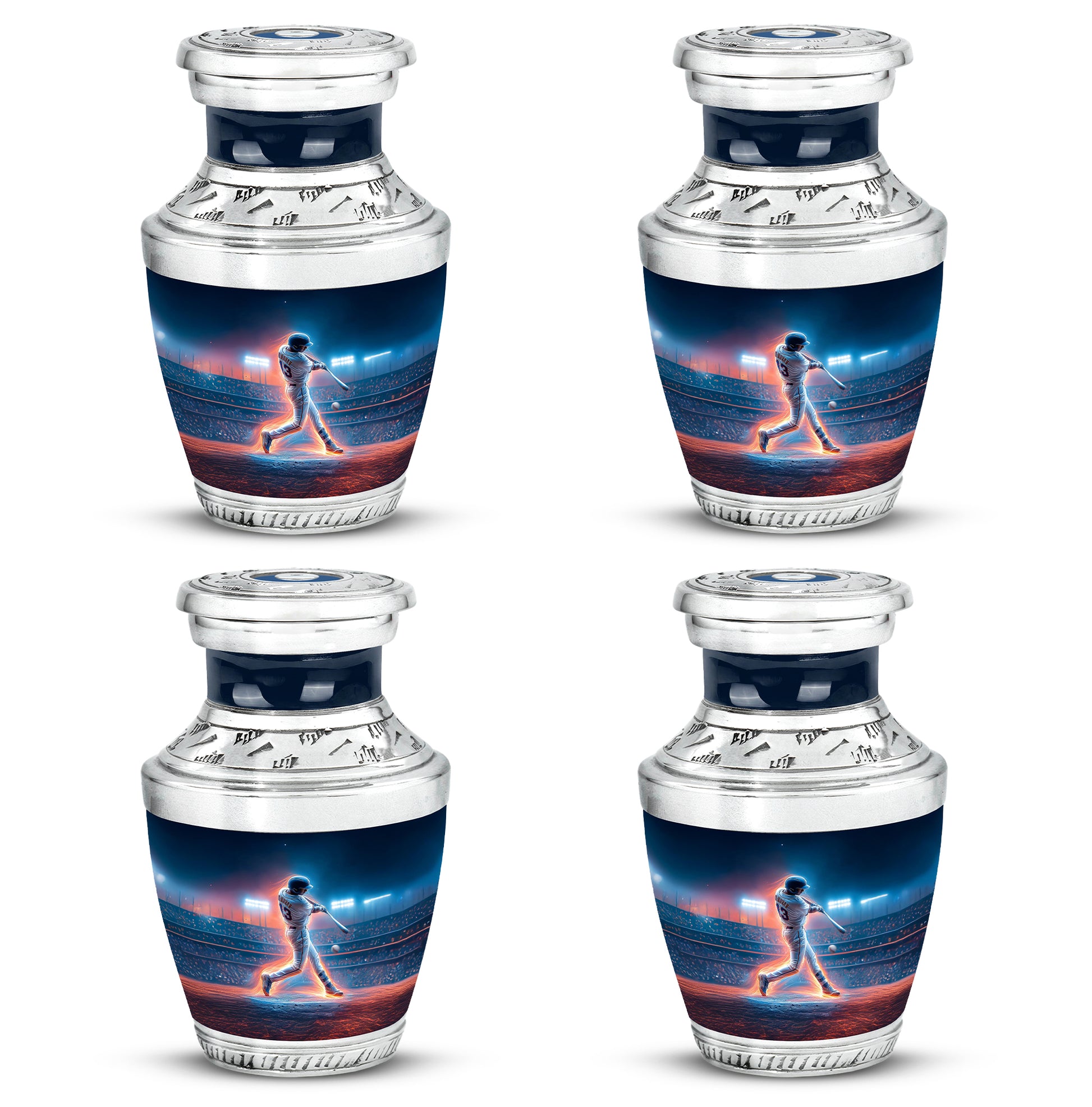 Powder Blue Baseball Cremation Urn back view with polished surface - modern art-inspired baseball motif on sleek aluminum - 10 inch aluminum urn for cremated remains