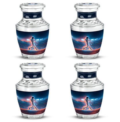Powder Blue Baseball Cremation Urn back view with polished surface - modern art-inspired baseball motif on sleek aluminum - 10 inch aluminum urn for cremated remains