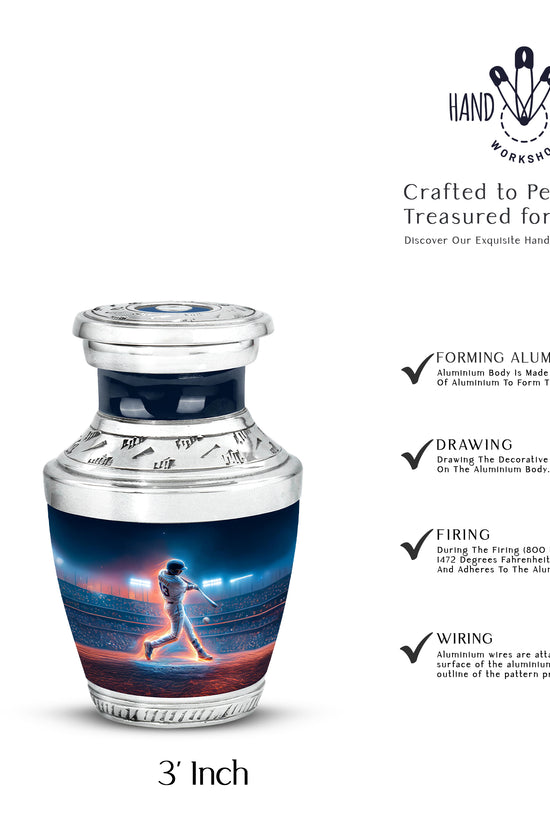 Calming Blue Baseball Cremation Urn top-down view of secure threaded lid - artistic baseball interpretation with creative detail - mini keepsake memorial for portion of cremation ashes