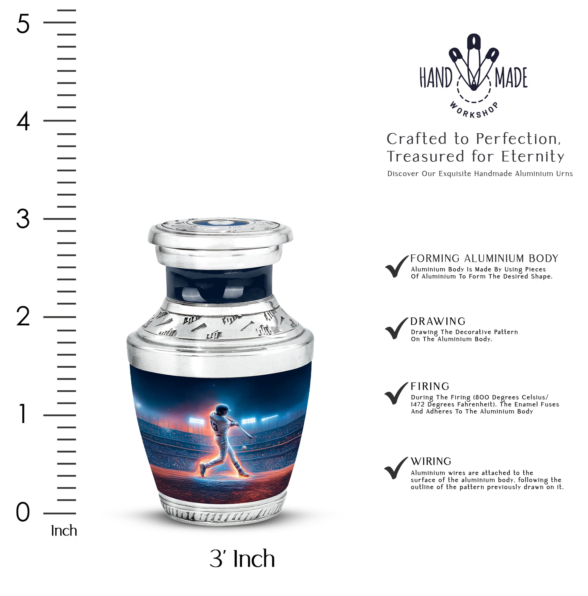 Calming Blue Baseball Cremation Urn top-down view of secure threaded lid - artistic baseball interpretation with creative detail - mini keepsake memorial for portion of cremation ashes