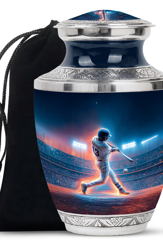 Soft Blue Baseball Cremation Urn side profile showing urn shape - artistic baseball interpretation with creative detail - full-size 10 inch 200 cubic inch adult cremation urn