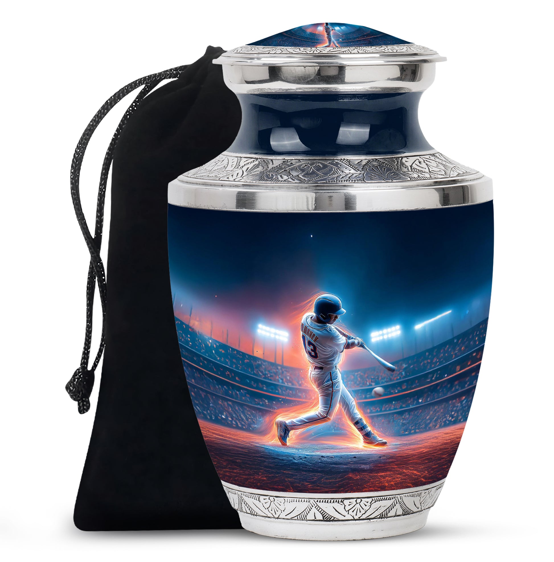 Soft Blue Baseball Cremation Urn side profile showing urn shape - artistic baseball interpretation with creative detail - full-size 10 inch 200 cubic inch adult cremation urn