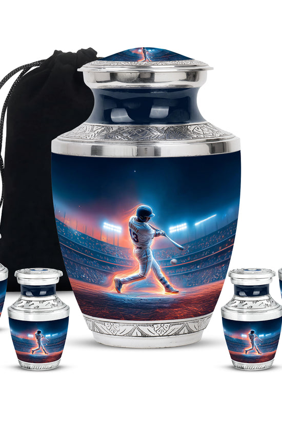Sapphire Blue Baseball Cremation Urn lifestyle display on memorial shelf - artistic baseball interpretation with creative detail - memorial set with one large and four small urns