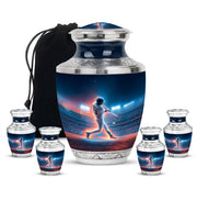 Sapphire Blue Baseball Cremation Urn lifestyle display on memorial shelf - artistic baseball interpretation with creative detail - memorial set with one large and four small urns