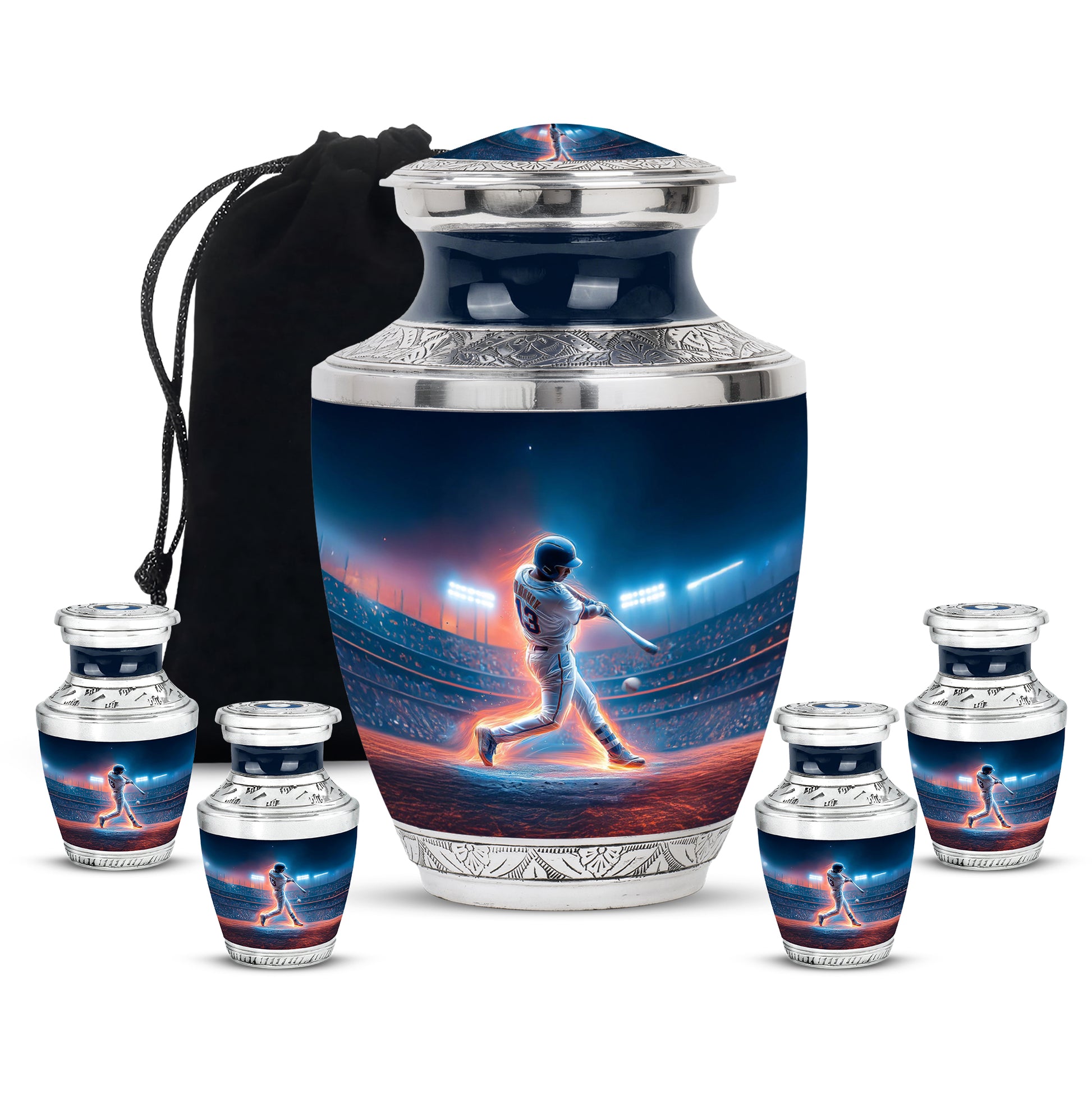 Sapphire Blue Baseball Cremation Urn lifestyle display on memorial shelf - artistic baseball interpretation with creative detail - memorial set with one large and four small urns
