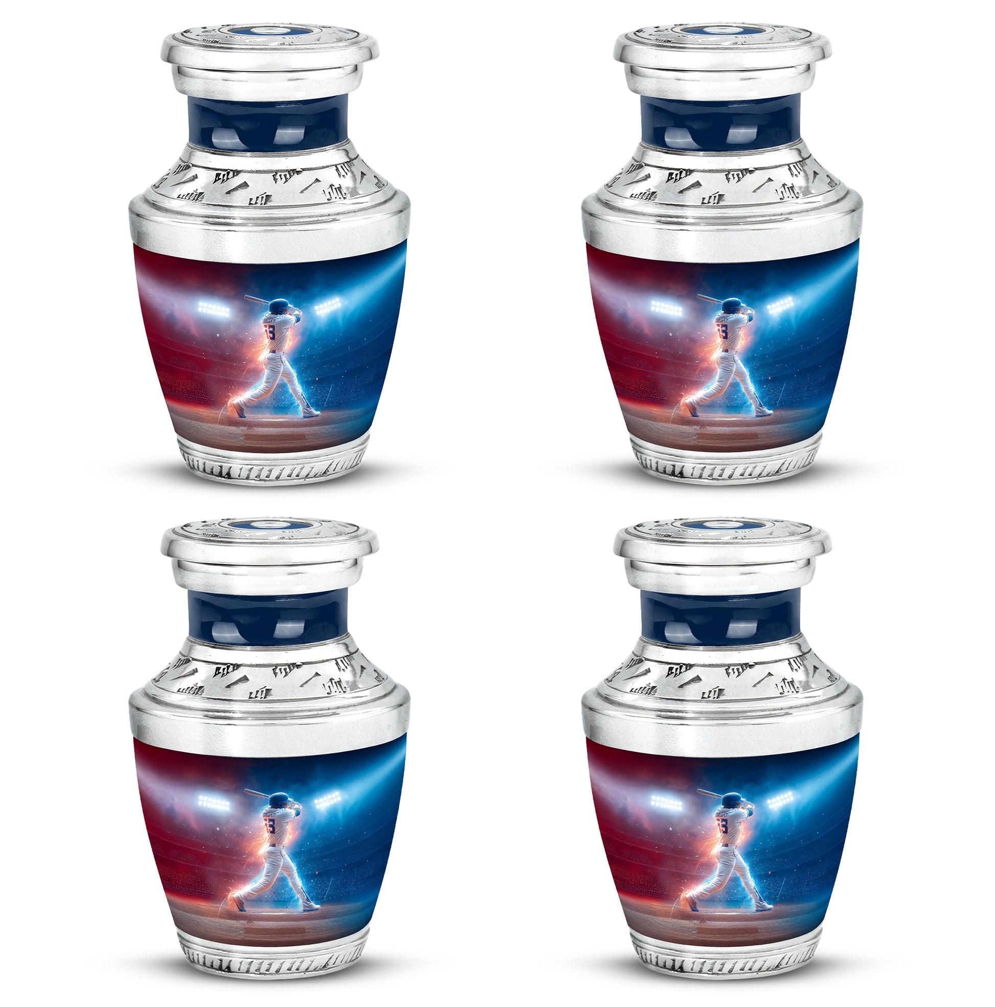 Calming Blue Baseball Cremation Urn back view with polished surface - stylized abstract baseball pattern with bold lines - 10 inch aluminum urn for cremated remains