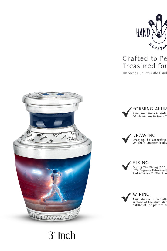 Indigo Baseball Cremation Urn top-down view of secure threaded lid - contemporary baseball design with modern artistic flair - mini keepsake memorial for portion of cremation ashes