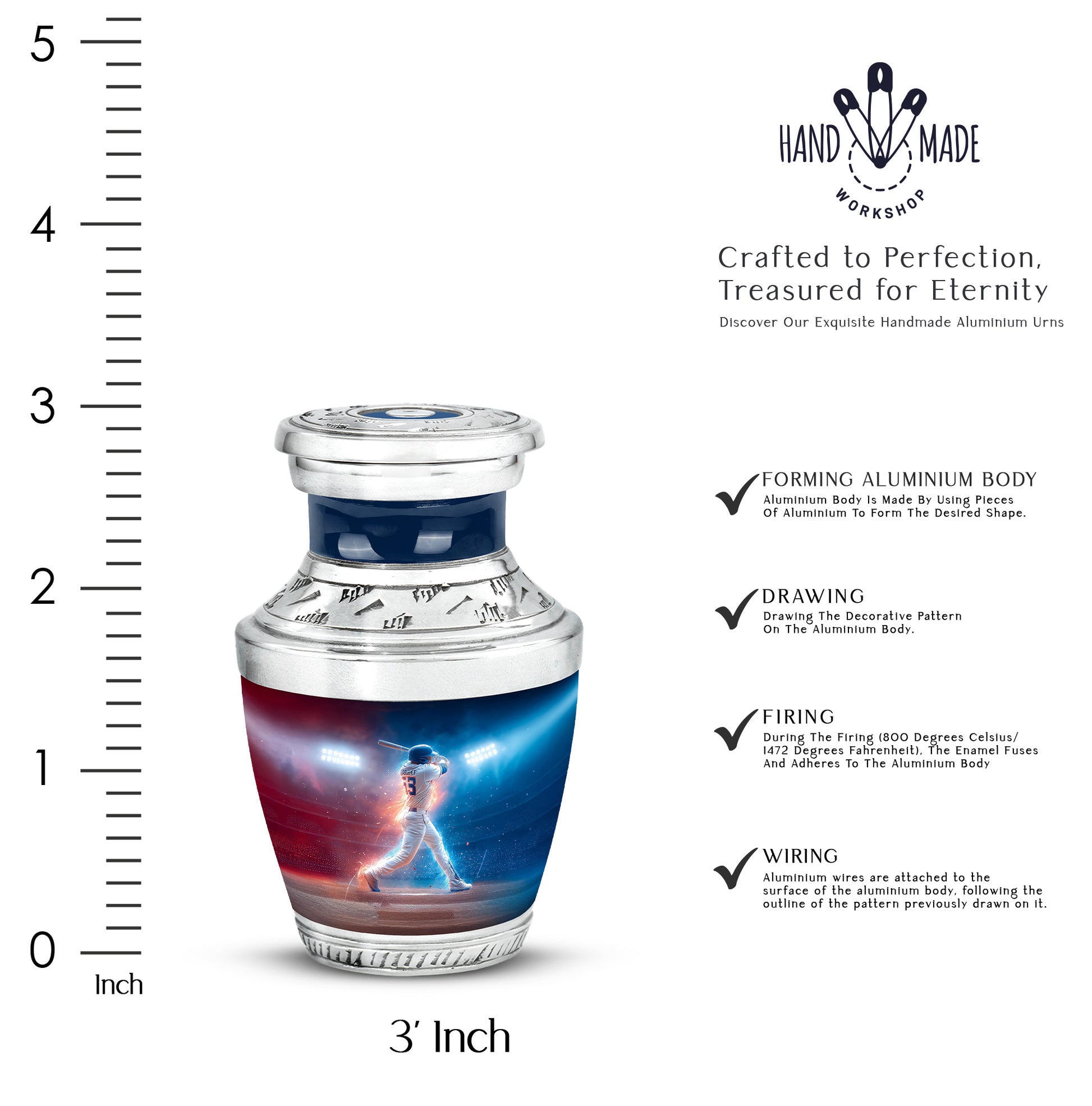 Indigo Baseball Cremation Urn top-down view of secure threaded lid - contemporary baseball design with modern artistic flair - mini keepsake memorial for portion of cremation ashes
