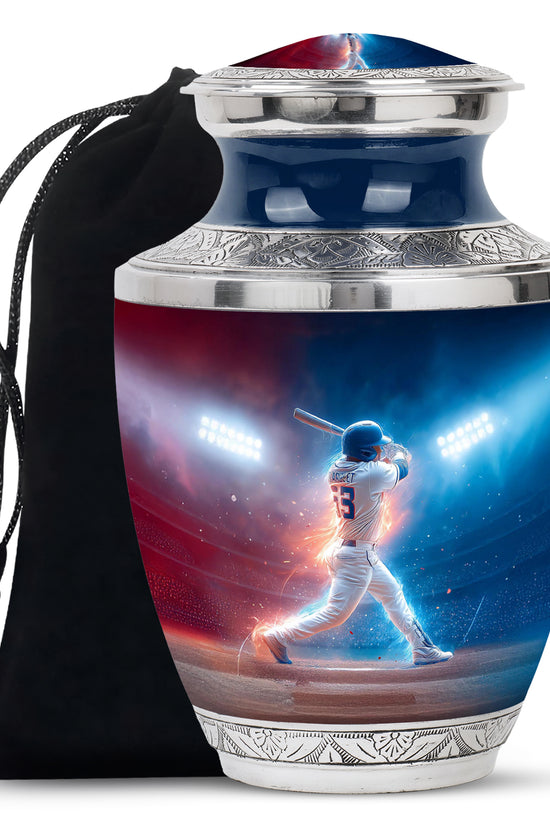 Azure Baseball Cremation Urn side profile showing urn shape - contemporary baseball design with modern artistic flair - full-size 10 inch 200 cubic inch adult cremation urn