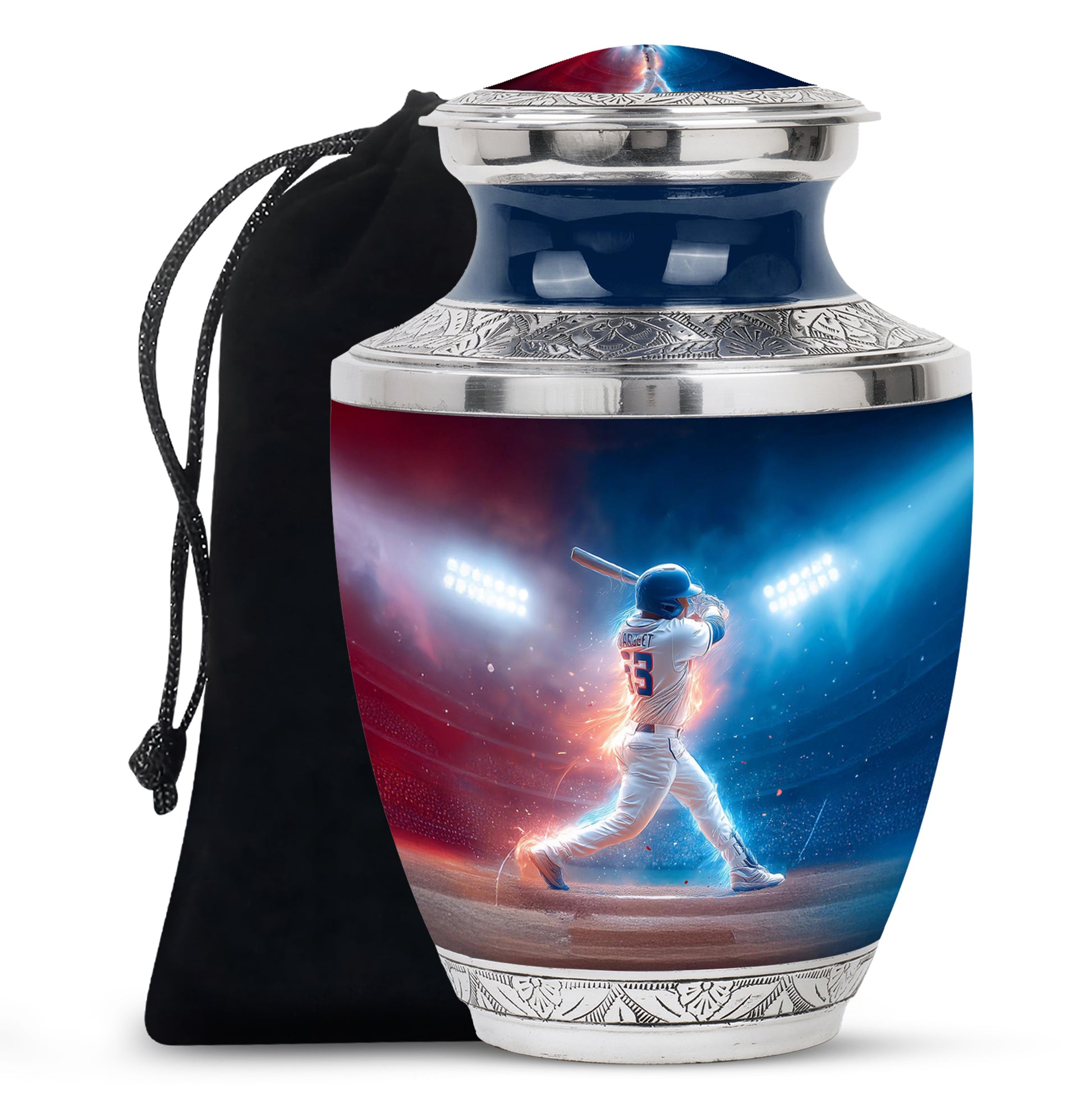 Azure Baseball Cremation Urn side profile showing urn shape - contemporary baseball design with modern artistic flair - full-size 10 inch 200 cubic inch adult cremation urn