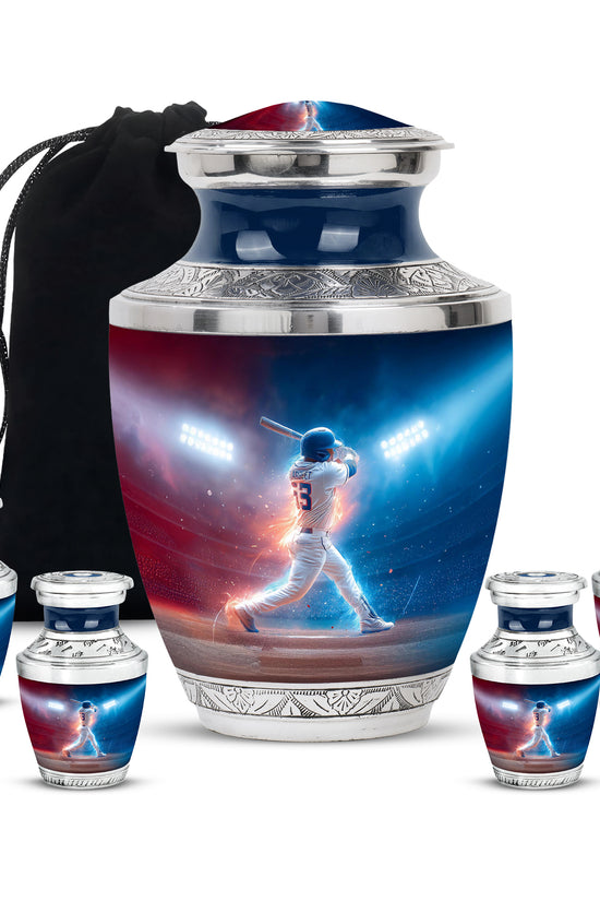 Pastel Blue Baseball Cremation Urn lifestyle display on memorial shelf - contemporary baseball design with modern artistic flair - memorial set with one large and four small urns