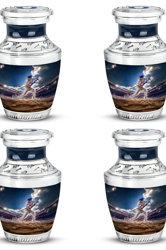 Celestial Blue Baseball Cremation Urn back view with polished surface - modern art-inspired baseball motif on sleek aluminum - 10 inch aluminum urn for cremated remains