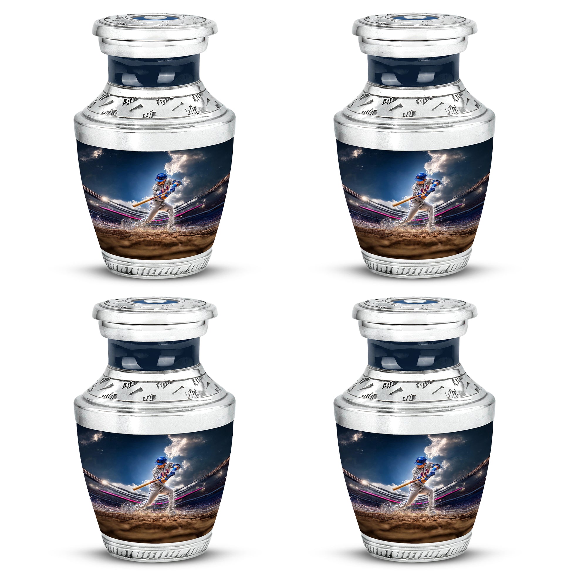 Celestial Blue Baseball Cremation Urn back view with polished surface - modern art-inspired baseball motif on sleek aluminum - 10 inch aluminum urn for cremated remains